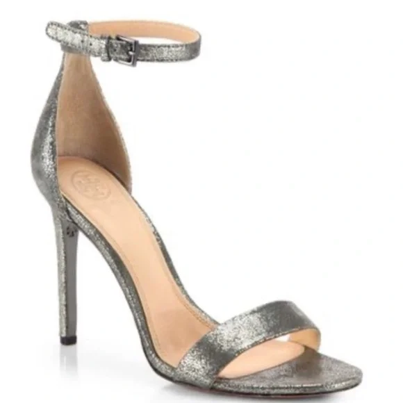 Tory Burch Keri Crackled Metallic Sandal Pewter Stiletto Heels size 8.5 - Picture 4 of 10
